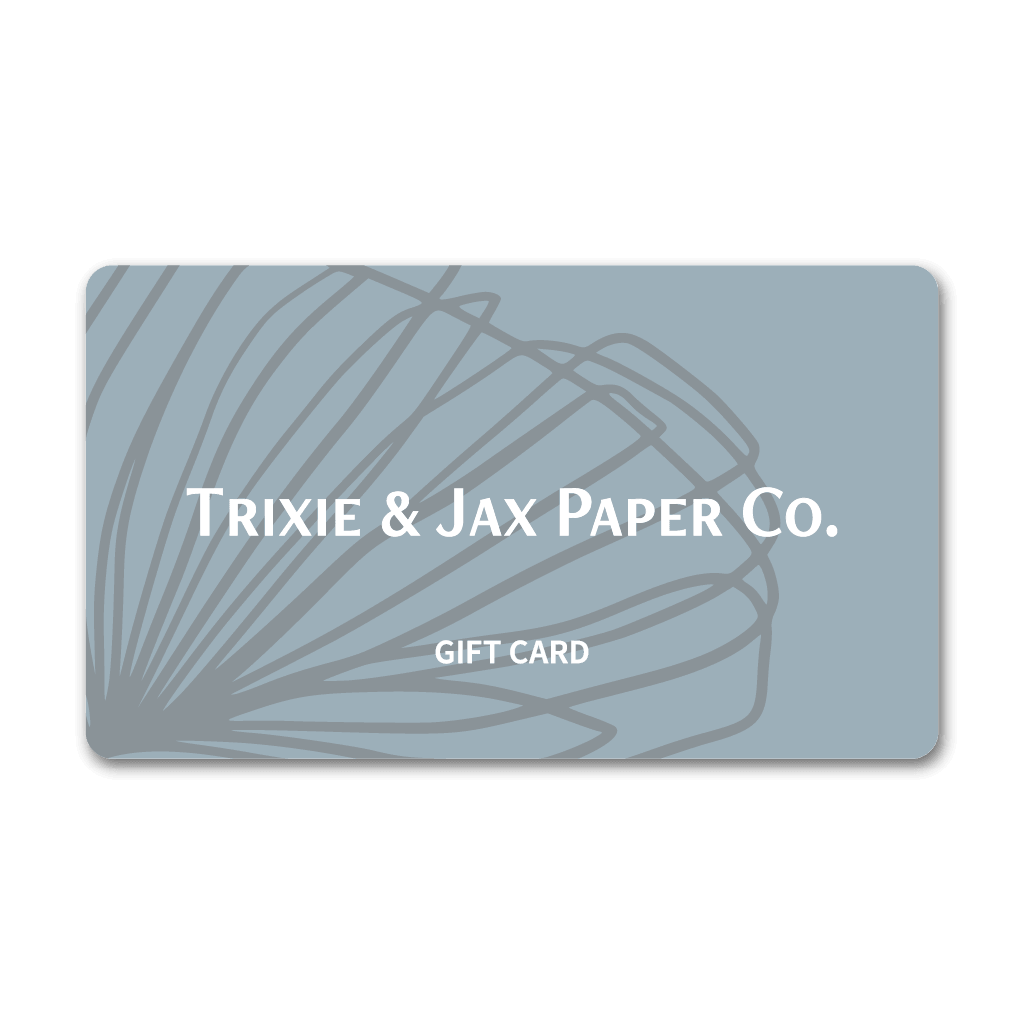 Trixie & Jax Paper Co. gift card with a ginkgo leaf illustration on a light blue background