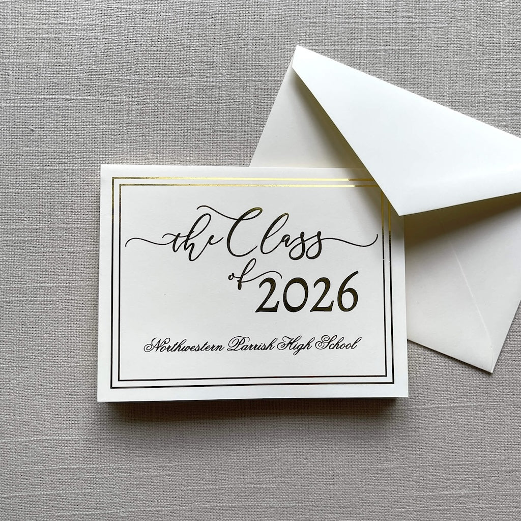 Graduation announcement card with gold foil design for 'the Class of 2026' and an envelope on a gray textured background.