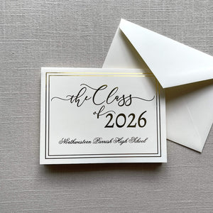 Graduation announcement card with gold foil design for 'the Class of 2026' and an envelope on a gray textured background.