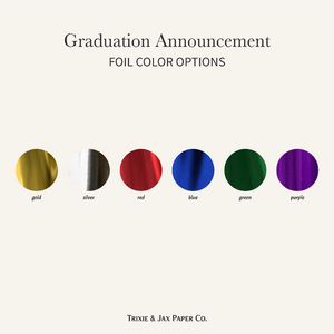 Graduation announcement foil color options with gold, silver, red, blue, green, and purple circles on a white background.