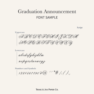 Graduation announcement font sample with script text on a light gray background
