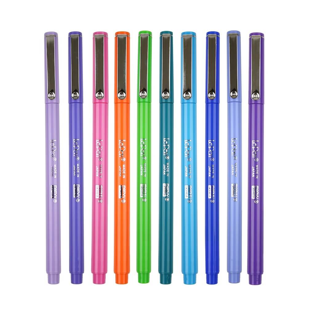 Set of colorful pens with metallic clips on a white background