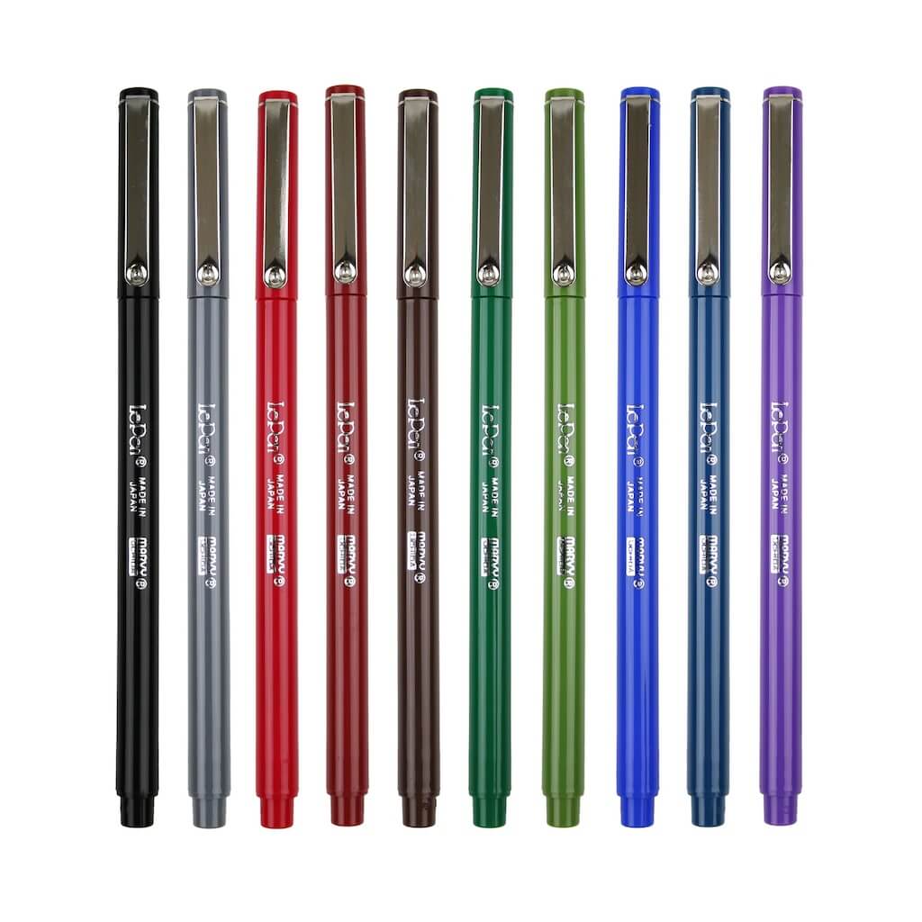 Set of eight colored pens on a white background