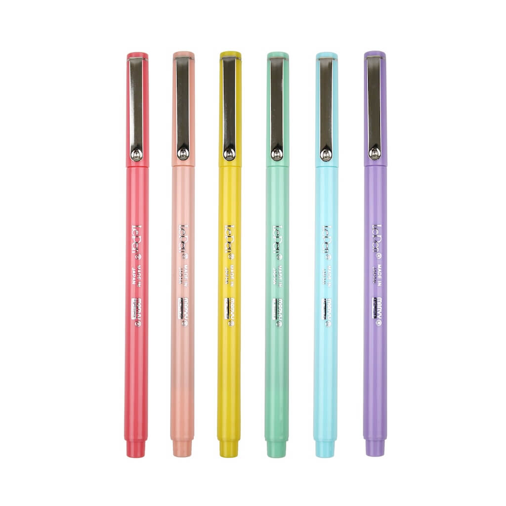 Set of six colorful pens with metallic clips on a white background