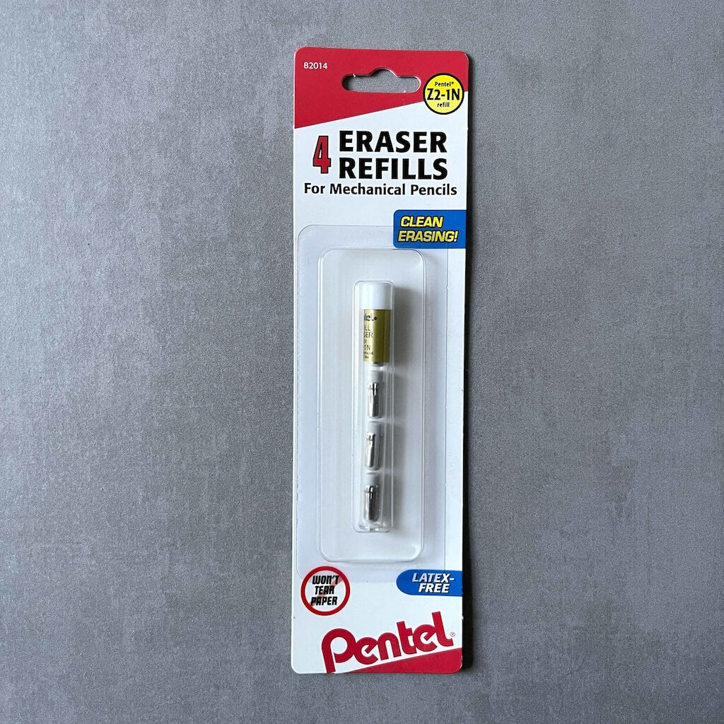Pentel eraser refills for mechanical pencils packaging on a gray background