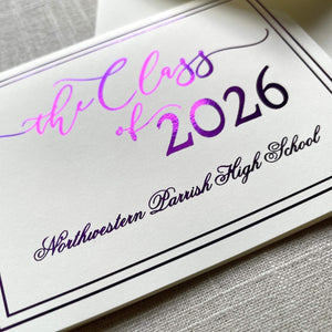 Graduation announcement card with purple foil design for 'the Class of 2026' on a gray textured background.