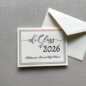 Graduation announcement card with red foil design for 'the Class of 2026' and an envelope on a gray textured background.